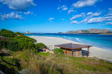 Fototapeta premium White sand and blue water in La Pelosa beach in Stintino
