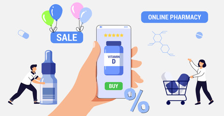 Online pharmacy flat vector illustration Human hand holding mobile phone for medicine online payment Drugstore vitamins and supplements online Home delivery pharmacy service Medical supplies and pills