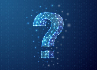 Question mark polygonal symbol with binary code background. Help support concept design illustration. Blue FAQ low poly symbol with connected dots