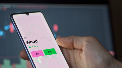 An investor's analyzing the timber and forestry etf fund on a screen. A phone shows the prices of wood