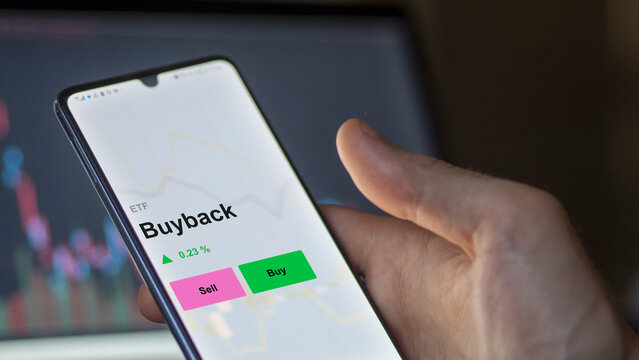 Buyback etf fund on a screen. A phone shows the prices of Buyback