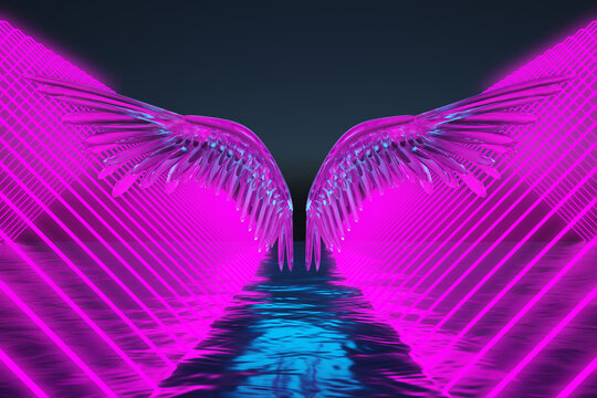 transparent wings in purple neon rays