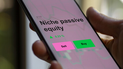 An investor's analizing the niche passive equity etf fund on a screen. A phone shows the prices of Niche passive equity