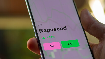 An investor's analizing the rapeseed etf fund on a screen. A phone shows the prices of Rapeseed