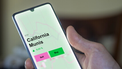 An investor's analizing the california munis etf fund on a screen. A phone shows the prices of California Munis