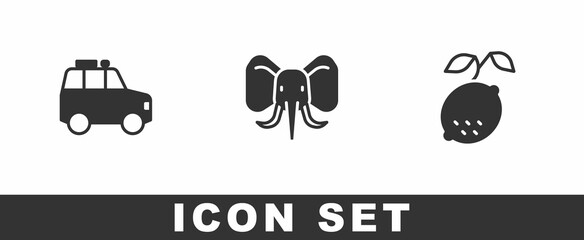 Set Car, Elephant and Lemon icon. Vector