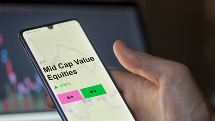 Un investisseur analyse le fonds ETF d'actions de valeur à moyenne capitalisation sur un écran. Un téléphone affiche les prix des actions Mid Cap value, texte en anglais.