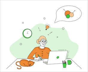 A pretty elderly woman works on her laptop at home, looking for knitting patterns. Online education, web courses, modern technology and the concept of old age. Flat style vector illustration on white 