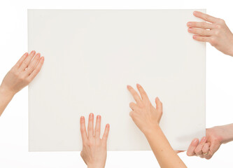 human hands holding whiteboard.group team of human hands with whiteboard isolated.business...