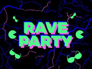 Rave psychedelic, acid trip. Rave party energy, text with energy lightning. Design for posters, banners and promotional products. Vector illustration