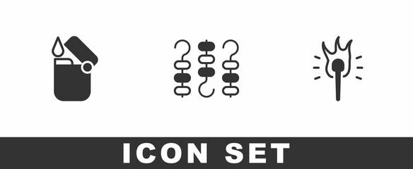 Set Lighter, Grilled shish kebab on skewer and Torch flame icon. Vector