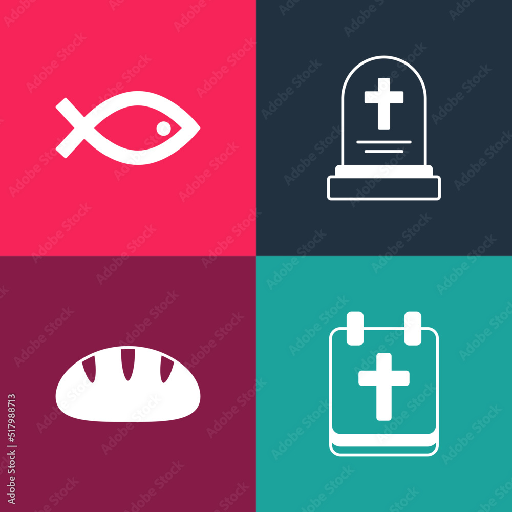 Canvas Prints set pop art calendar with easter, christian bread, grave tombstone and fish symbol icon. vector