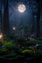 Foto op Plexiglas Sprookjesbos Dark fairytale fantasy forest. Night forest landscape with magical glows. Abstract forest, magic, fantasy, night, lights, neon. 3D illustration.