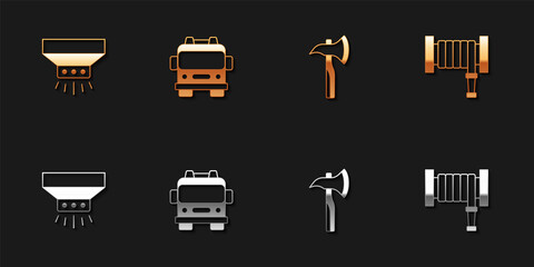 Set Fire sprinkler system, truck, Firefighter axe and hose reel icon. Vector