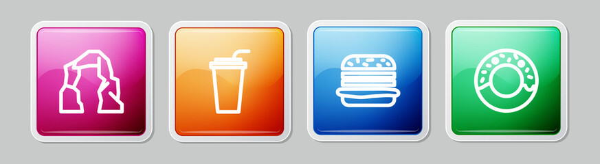 Set line Grand canyon, Paper glass with straw, Burger and Donut. Colorful square button. Vector