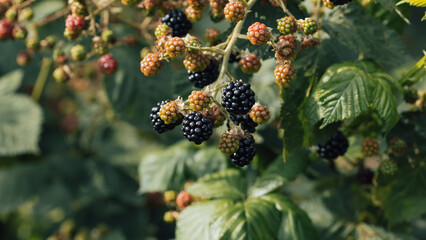 Blackberries (Rubus fruticosus) on a bush