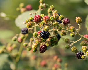 Ripe, ripened and unripe blackberries (Rubus fruticosus) in the wild