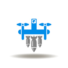 Vector illustration of air drone with bomb. Symbol of unmanned military robot airplane with precision missile. Icon of flight modern autonomous ai bomber.