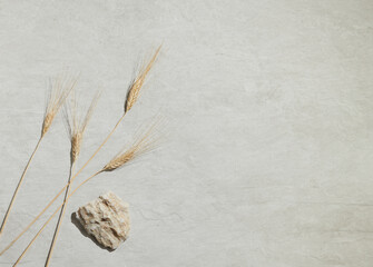 Flatlay minimal natural stone, marble or travertino surface background with stones and dry grain....