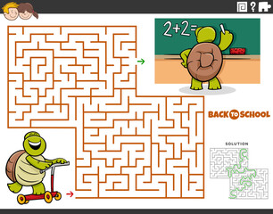maze game with cartoon turtle riding a scooter to school
