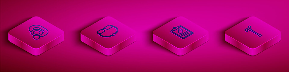 Set Isometric line Hearing aid, Eyeglasses, Medical prescription and Walking stick cane icon. Vector