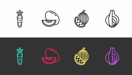Set line Carrot, Melon fruit, Watermelon and Onion on black and white. Vector
