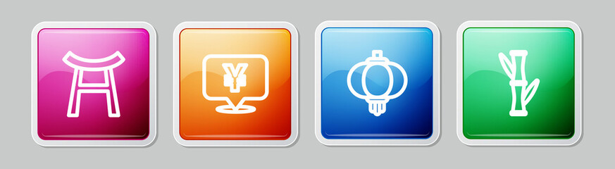 Set line Japan Gate, Chinese Yuan currency, paper lantern and Bamboo. Colorful square button. Vector