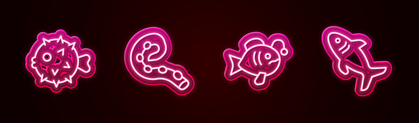 Set line Fish hedgehog, Octopus of tentacle, Tropical fish and Shark. Glowing neon icon. Vector