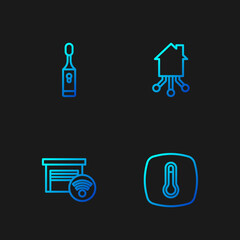 Set line Thermostat, Smart garage, Electric toothbrush and home. Gradient color icons. Vector