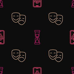 Set line Psychologist online, Comedy and tragedy masks and Old hourglass on seamless pattern. Vector