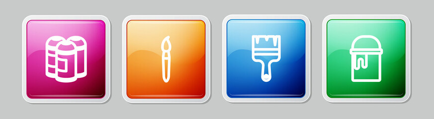 Set line Paint spray can, brush, and bucket. Colorful square button. Vector