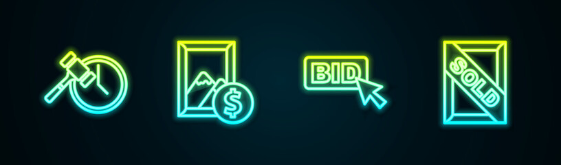 Set line Auction hammer, painting, Bid and sold. Glowing neon icon. Vector