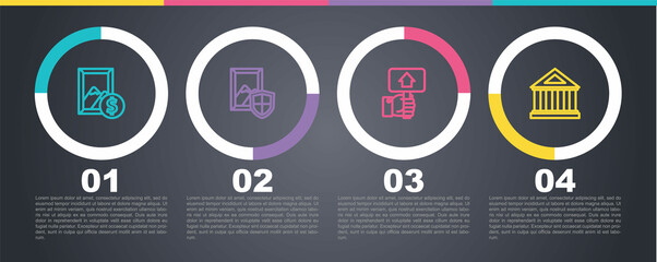 Set line Auction painting, Hand holding auction paddle and Museum building. Business infographic template. Vector