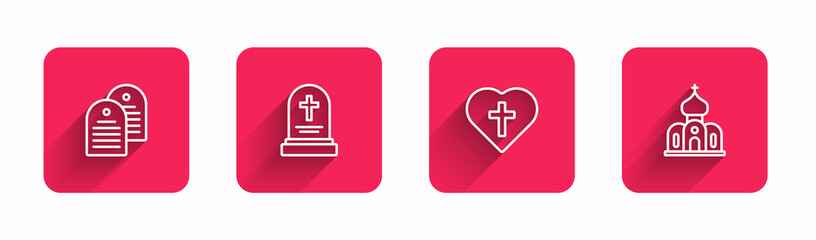 Set line Holy bible book, Grave with tombstone, Christian cross in heart and Church building with long shadow. Red square button. Vector