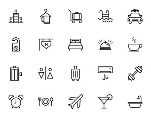 Hotel, holiday, weekend concept. Vector signs drawn in flat style. Line icon set with symbols of towel, luggage, swimming pool, taxi, door hanger, signboard, bed, cafe etc
