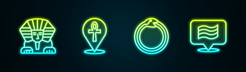 Set line Sphinx, Cross ankh, Magic symbol of Ouroboros and Flag Of Egypt. Glowing neon icon. Vector