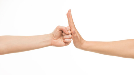 human hands on a white background isolated. hands indicate support hold care resist compete.
