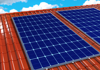 Roof of building with solar panels. Solar accumulators on roof tiles. Solar panels to generate...