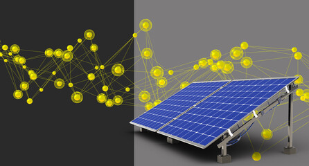 Solar battery. Ecological innovation. Concept study of solar energy. Getting electricity from sunlight traps. Photo of battery to generate energy. Solar molecules next to power plant. 3d image. - obrazy, fototapety, plakaty