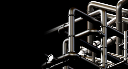 Steel pipes symbolize boiler technology. Pipes for temperature control. Steel tangled pipeline. Boiler room pipes on black. Copy space. Concept sale boiler equipment. Iron water supply. 3d image