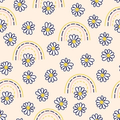 Beautiful floral pattern in small daisies and rainbows. Ditsy print. Floral seamless background. Vintage template for fashion prints.