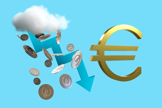Depreciation of euro. Down arrow next to coins. Falling value of euro money. Economic recession concept. Financial recession in euro area. Decline of European currency. EU money symbol. 3d image