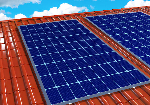 Roof of building with solar panels. Solar accumulators on roof tiles. Solar panels to generate electricity. Energy Saving Technologies. Concept sale of sun panels. Eco friendly energy. 3d image.