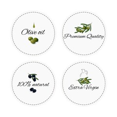 Vector collection of olive oil labels. Set of design template packaging for olive oil. Labels with text olive oil, 100% natural, extra virgin, premium quality. Hand drawn printable template