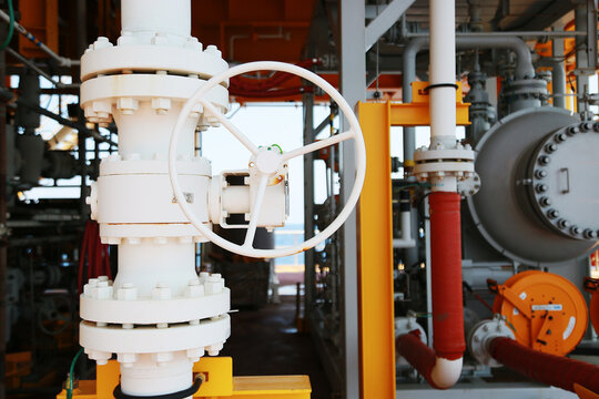 Valves manual in the production process. Production process used manual valve to control the system, Operator open and close or function the valve for controlled pressure or gas and oil flow rate.