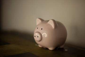 Piggy bank. Figure of pig for folding money. Symbol of financial well-being. Figure of animal is made of porcelain.