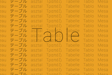 Word Table in languages of world. Logo Table on Rich yellow color