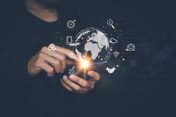 Businessman using smart phone . Global business internet connection application technology and digital marketing. Finance and Banking Digital Link Technology Big Data