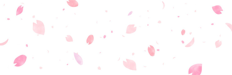 桜の花びら大小が描かれた水彩風な背景　ワイド版　ベクター - obrazy, fototapety, plakaty