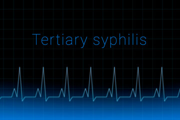 Tertiary syphilis disease. Tertiary syphilis logo on a dark background. Heartbeat line as a symbol of human disease. Concept Medication for disease Tertiary syphilis.